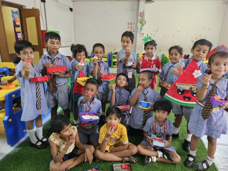 Junior students dressing up in themed costume and enjoying brunch to celebrate Watermelon Day at Educare International School